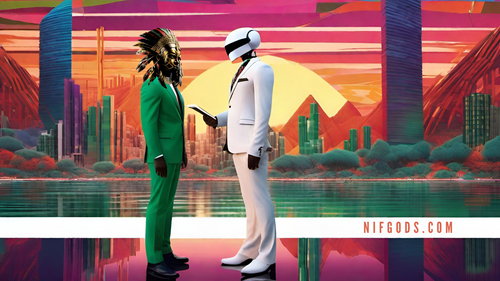 A man in an african mask and and a green suit stands in front of a mystical scene with a robot in a white suit