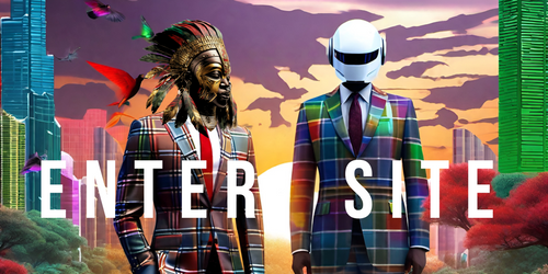 Man with tribal mask and Cyborg stand together in plaid suits