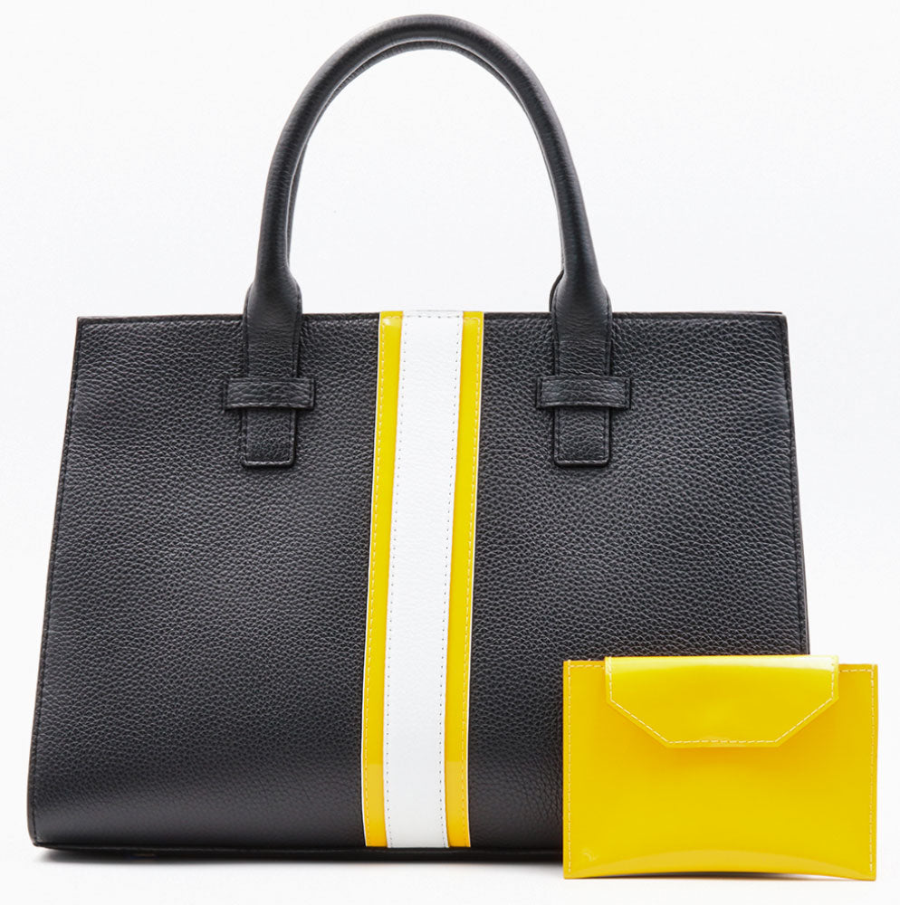 yellow bag with black stripe