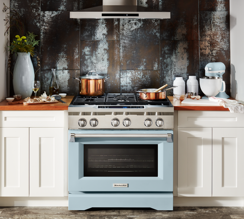 Blue stove and oven in kitchen