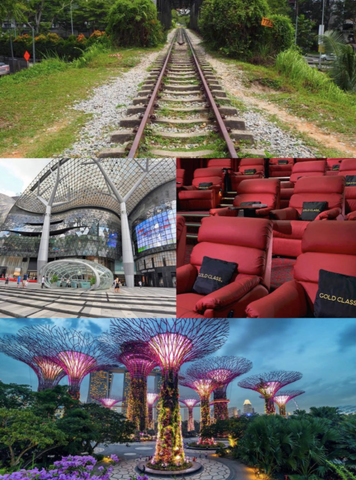 Railway corridor, Orchard Road, cinema seats, Gardens by the Bay