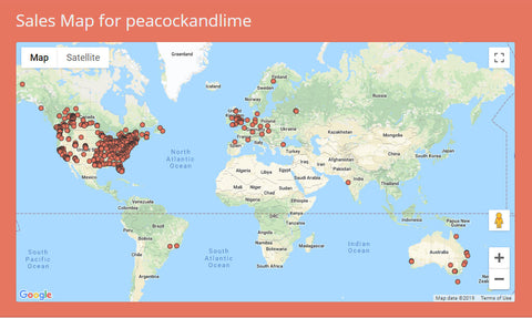 sales map of Peacock and Lime pieces around the world