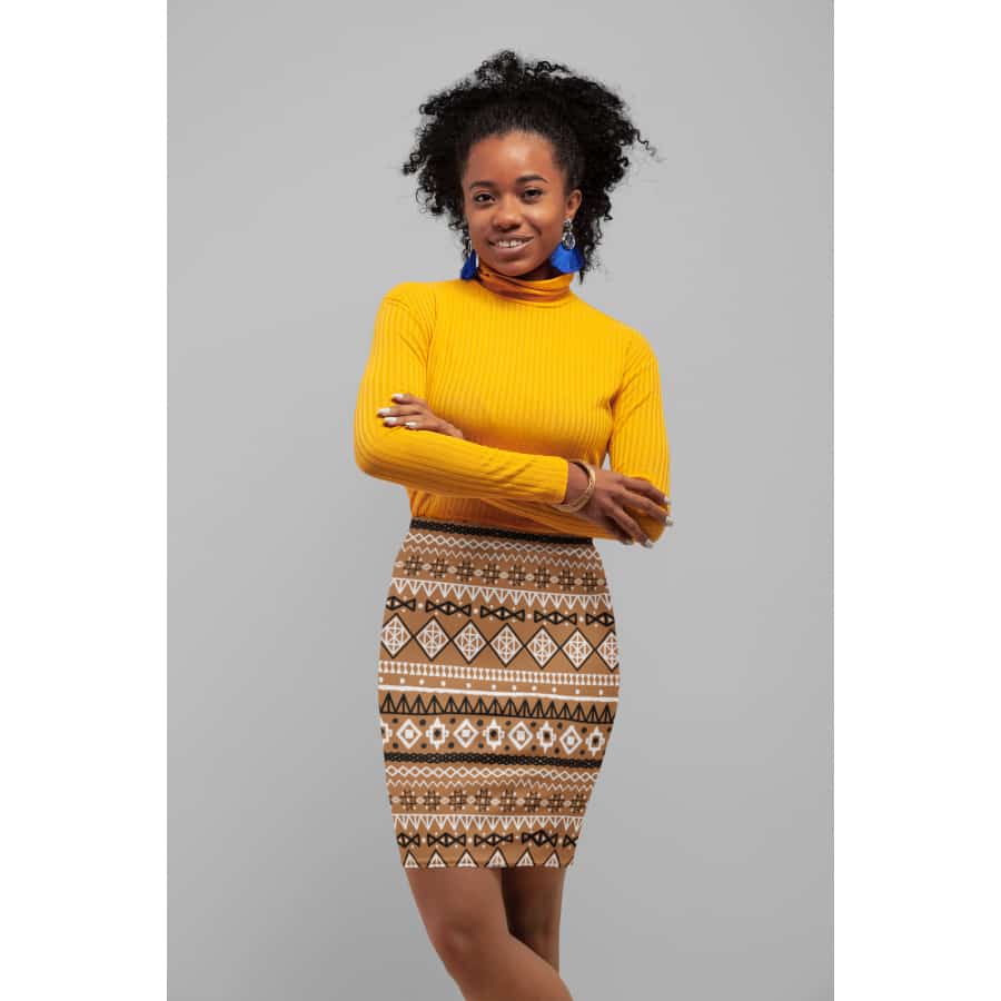 Brown African Mud Cloth women’s Pencil Skirt - L / 4 oz. - All Over Prints