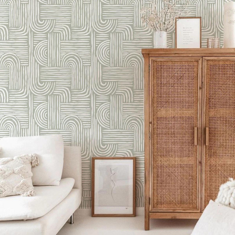 Japan style wallpaper in light sage colour