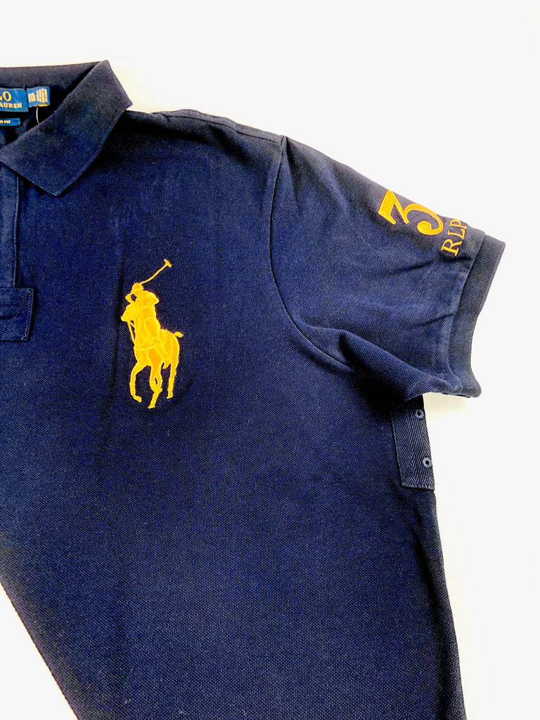 white polo shirt with light blue horse