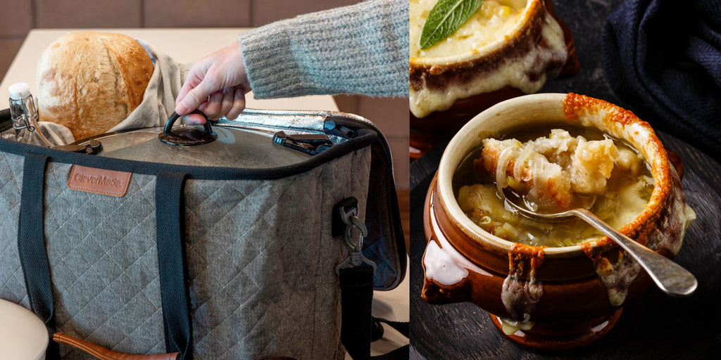 French onion soup recipe with thermally insulated tote for carrying