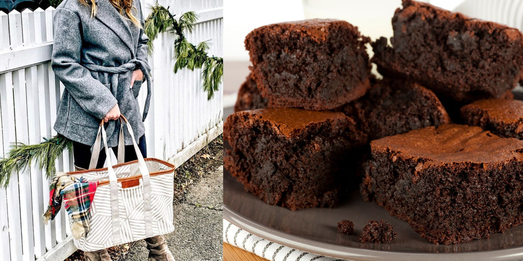 Chewy fudge brownies recipe and collapsible tote for grocery shopping