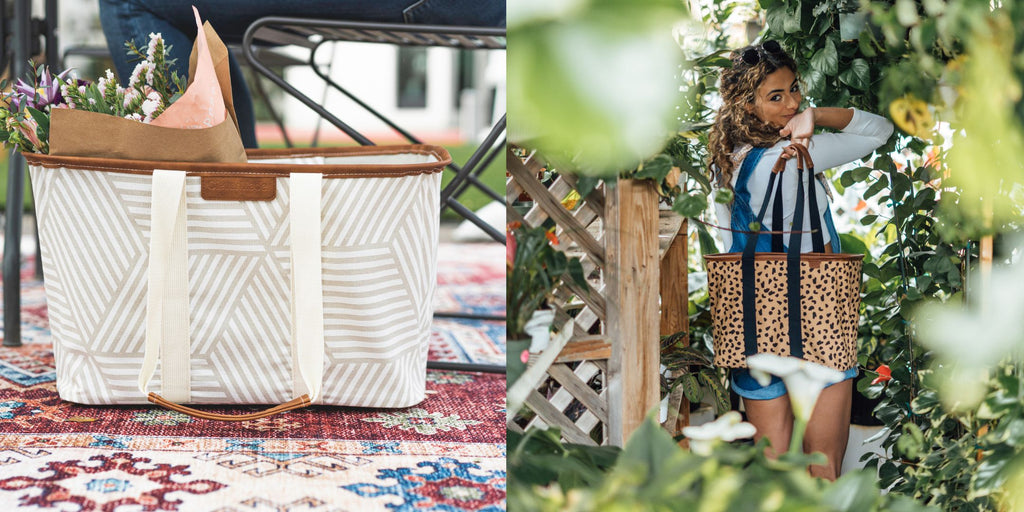 Young woman holding collapsible luxe tote cheetah print while looking at plants to purchase. Larger collapsible luxe tote sitting on colorful rug with a bouquet of flowers inside