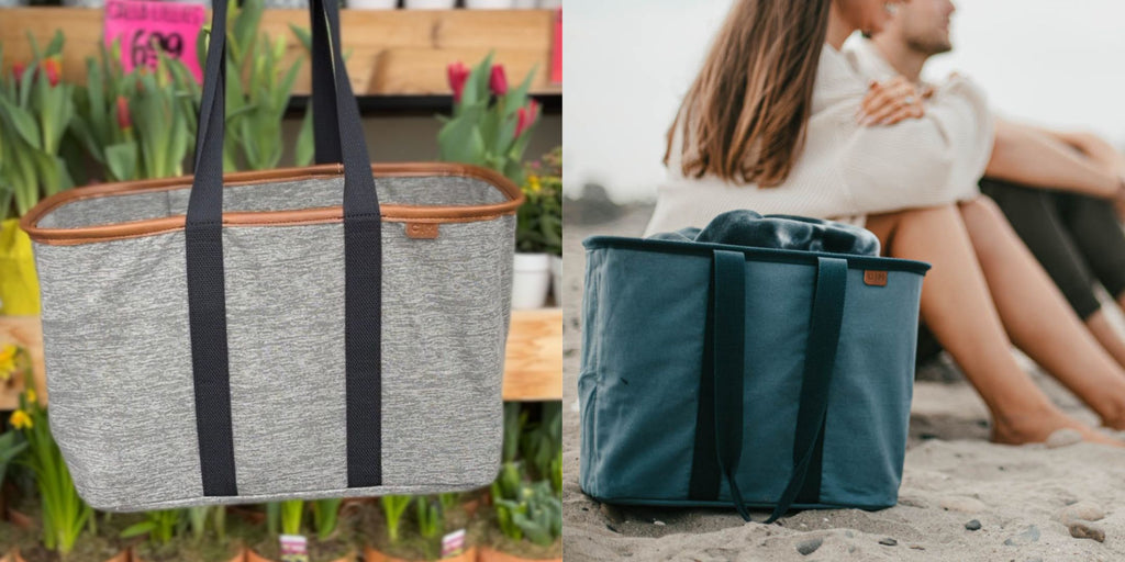 CleverMade Collapsible LUXE Totes at Trader Joe's and at the beach on the sand