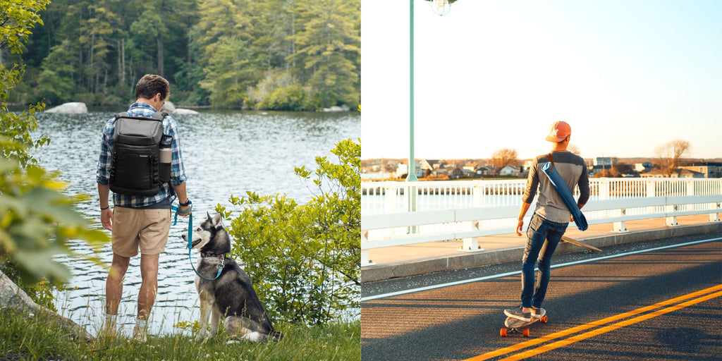 Man looking at lake with cooler backpack on and petting dog, next image is man on skateboard with cooler sleeve across back