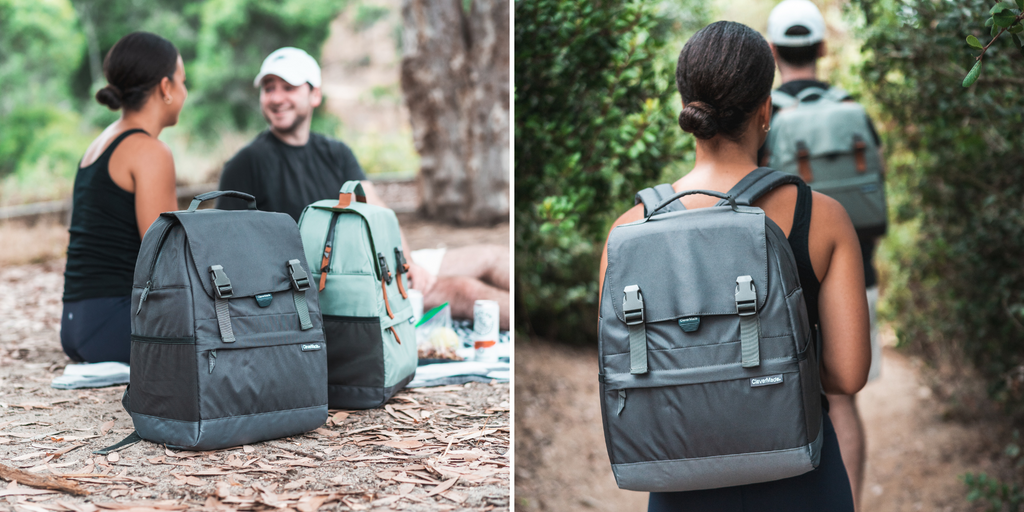 Girl and guy hiking and picnicking with a clevermade solana backpack cooler