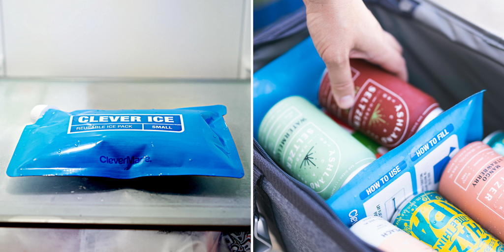 clevermade clever ice in freezer and in a cooler with cans