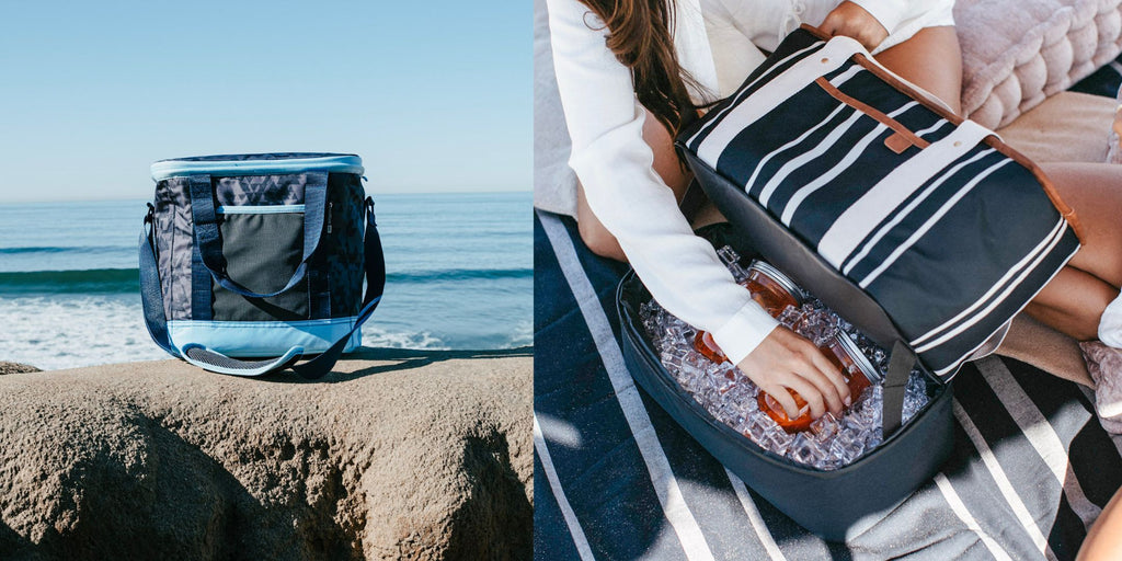 Left image of an aqua blue colored collapsible cooler with the ocean in the background. Right image of a young lady's hand opening a cooler and tote and pulling drinks out at the beach