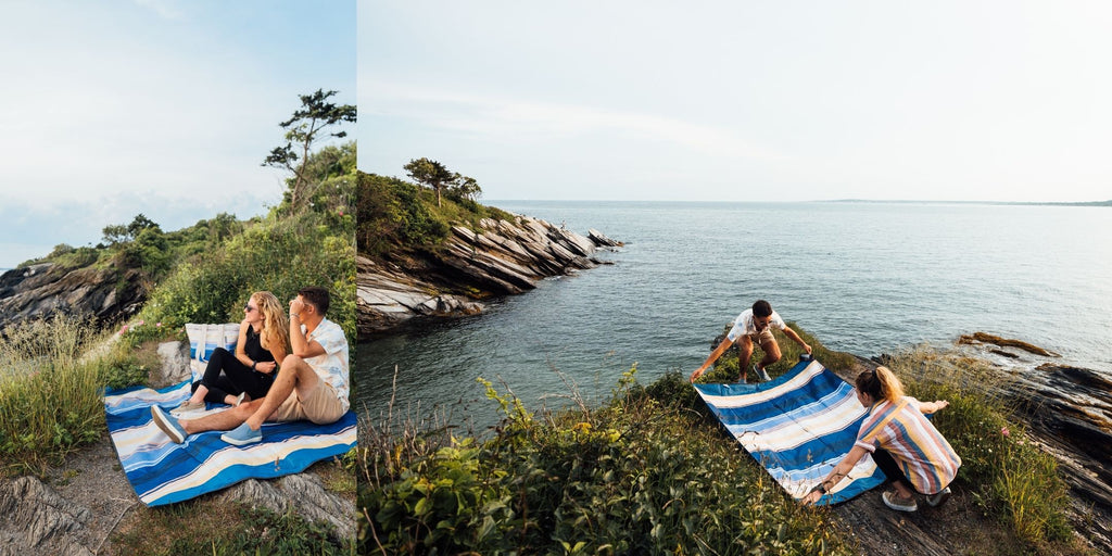 Blanket on cliff overlooking ocean