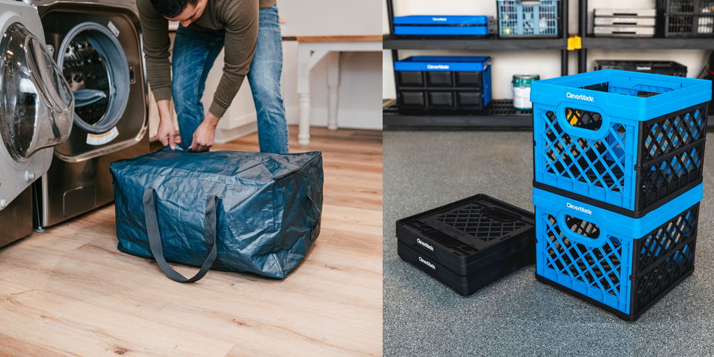 Ikea storage bag like item next to laundry machine and collapsible milk crates