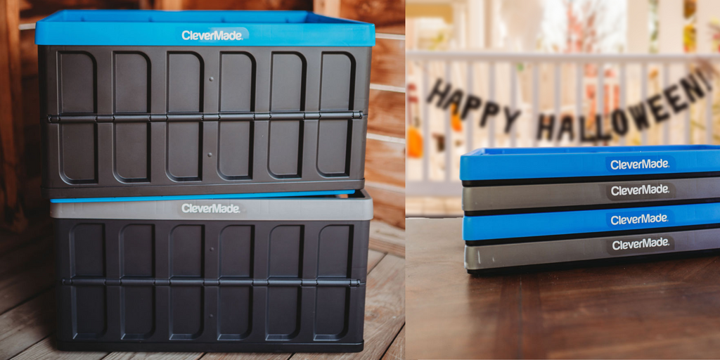 Collapsible storage bins with lid stacked with halloween decorations