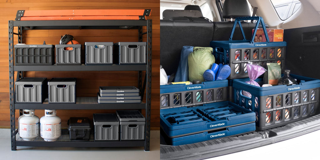 Collapsible storage bins as garage storage and collapsible shopping baskets filled with groceries in the trunk of car