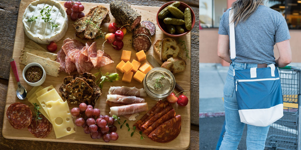 Charcuterie board of meats, cheeses, and fruits and a woman with a cooler tote