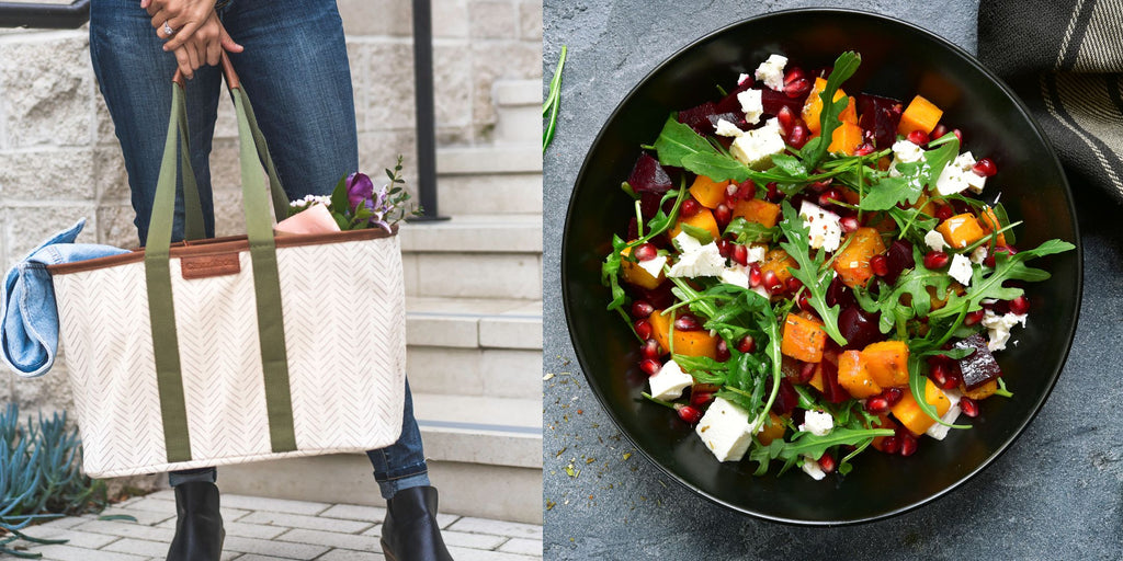 Collapsible tote bag and a salad with fall flavors