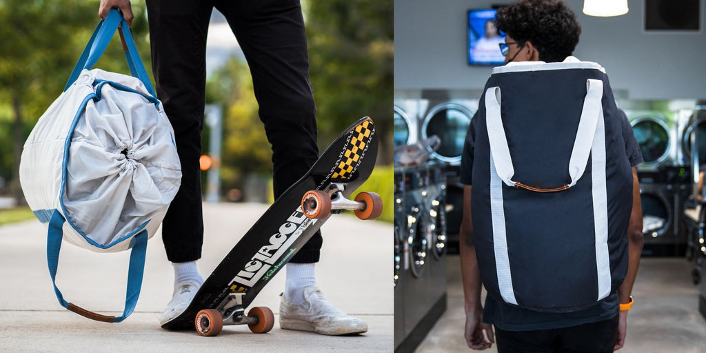 Boy riding skateboard to laundromat with laundry backpack