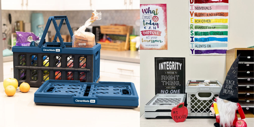 Collapsible shopping baskets for grocery shopping and Collapsible Milk Crates as a file holder in a classroom