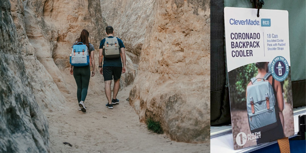 2 people hiking with backpack coolers