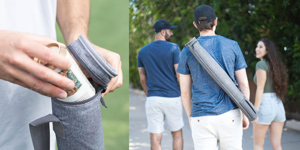 3 people walking with a cooler sleeve