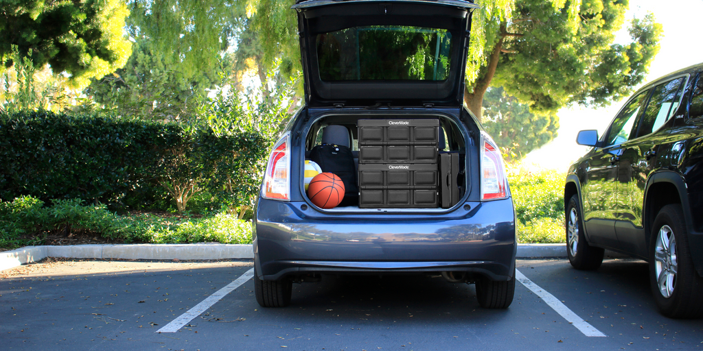 Collapsible Storage Bins in the trunk of the car for organization