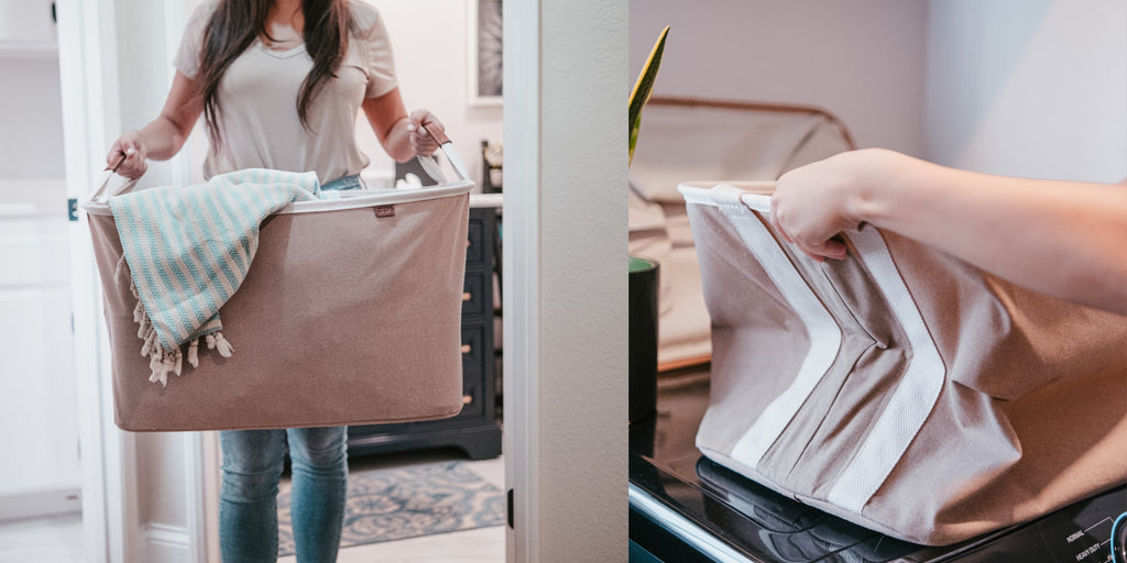 Girl with soft sided laundry basket that collapses