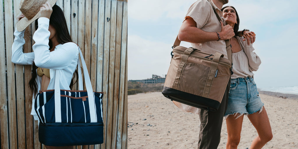 Girl putting on hat and holding eco friendly cooler bag with boy