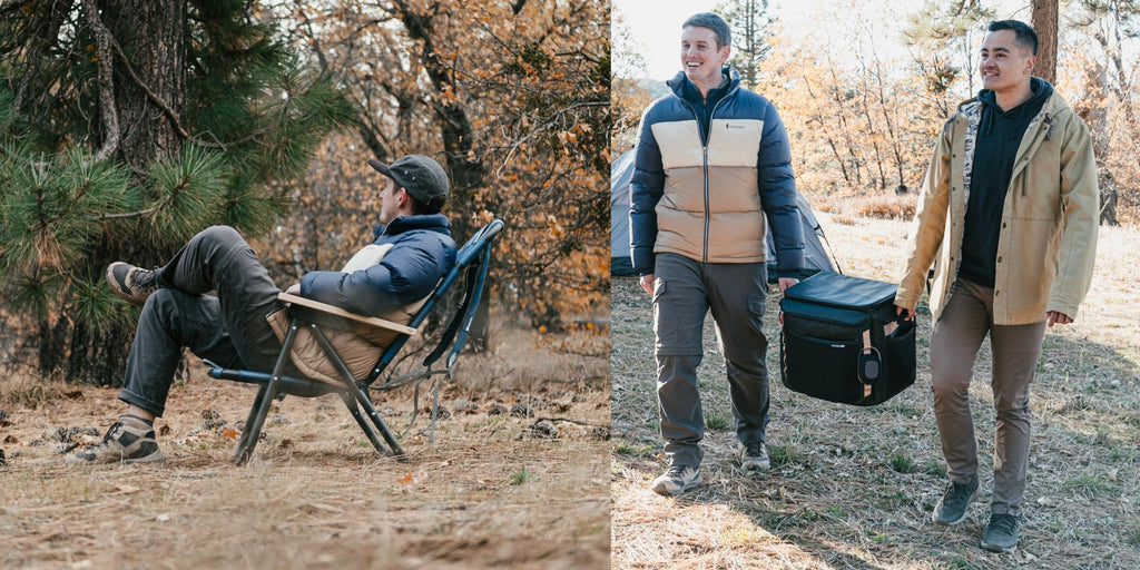 2 friends holding either end of a cooler while camping