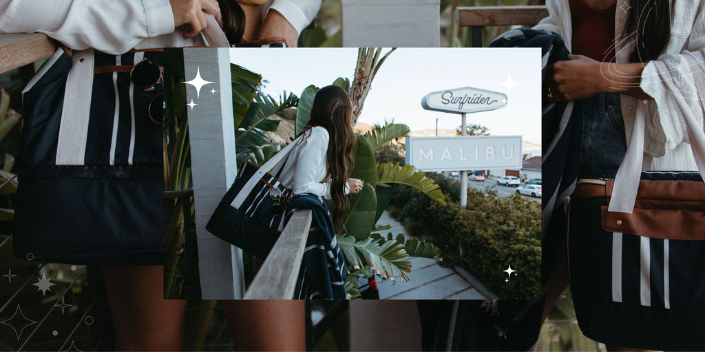 2 young ladies in back image holding navy and white striped coolers, young lady in overlay image peaking over balcony to look at Surfrider Malibu sign