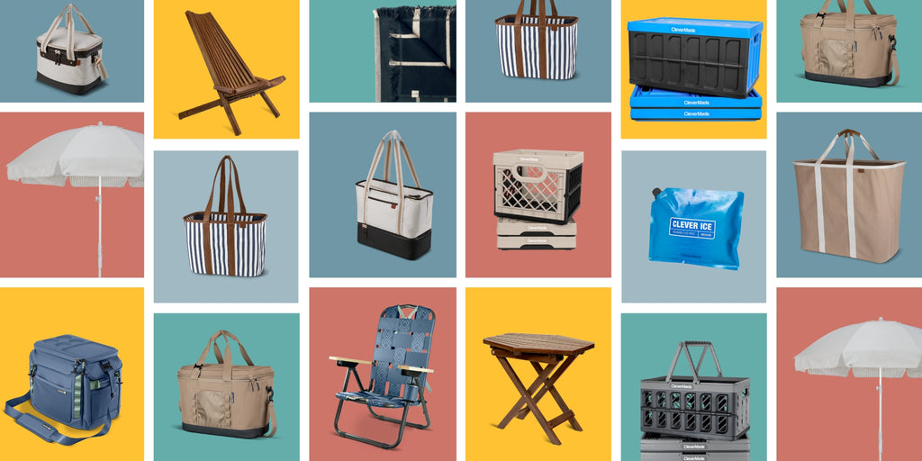 Collage of CleverMade outdoor products in individual squares with different colored backgrounds