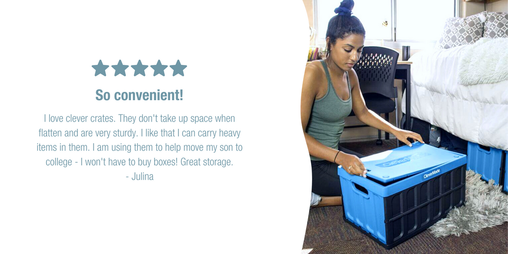 CleverMade storage bin in college dorm room with review