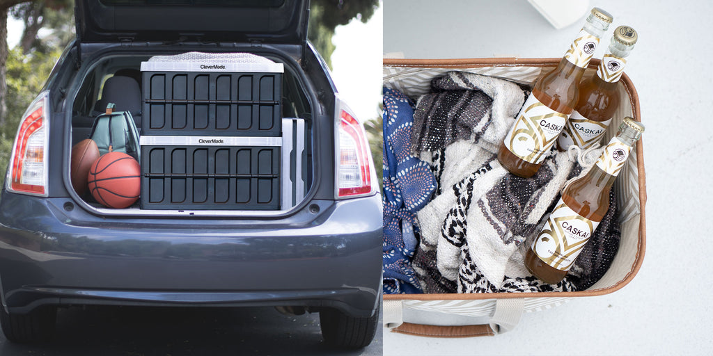 Collapsible crates in trunk and beach tote