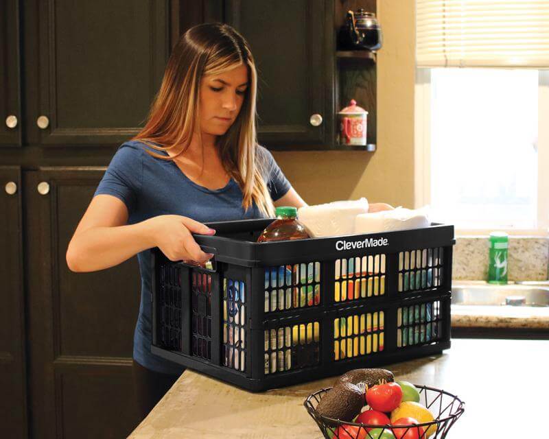 CleverMade MilkCrates Durable Plastic Stackable 25L Collapsible Utility Crate, Black (3-Pack)