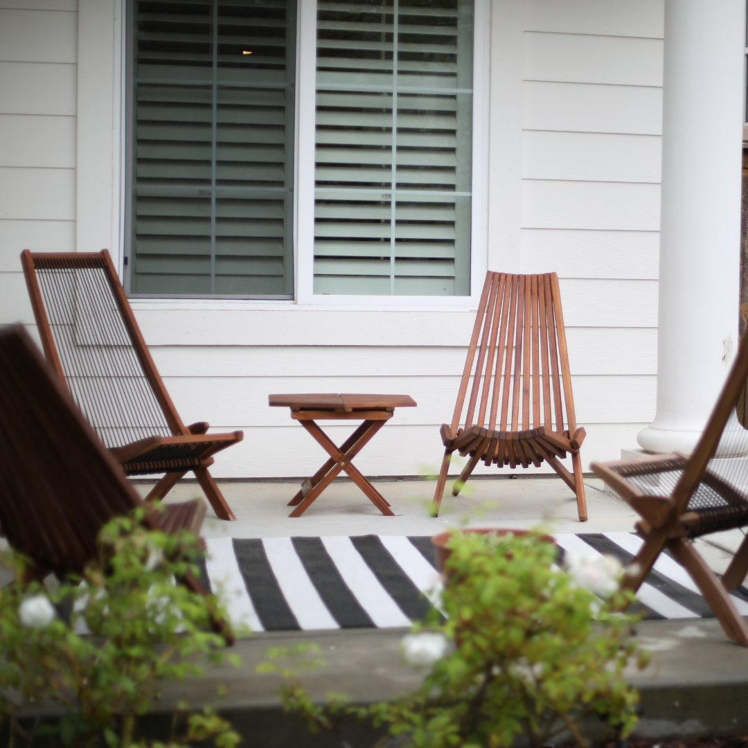 Tamarack Chair and Tamarack Table and Tamarack Rope Chair on front porch backyard