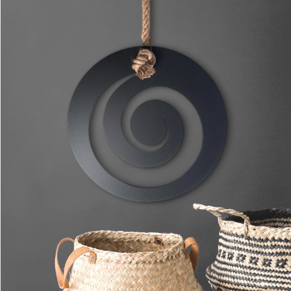 BLACK Koru design Maori wall hanging with natural rope NZ - LisaSarah Steel  Designs NZ