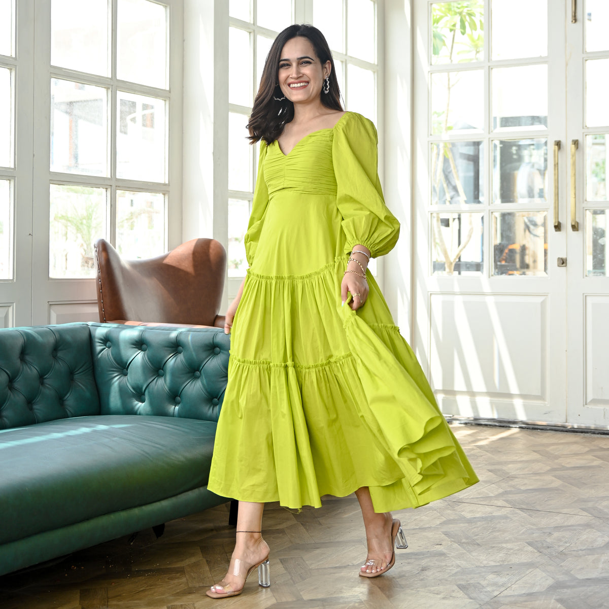 Buy Lawn Green Midi Dress | Tier dress for women | Ordinaree