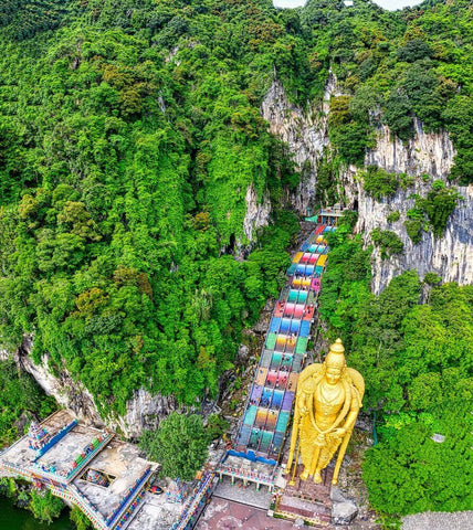 Batu Caves birds eye view. Located a short drive away from the city of Kuala Lumpur. Photo by Tom Fisk.