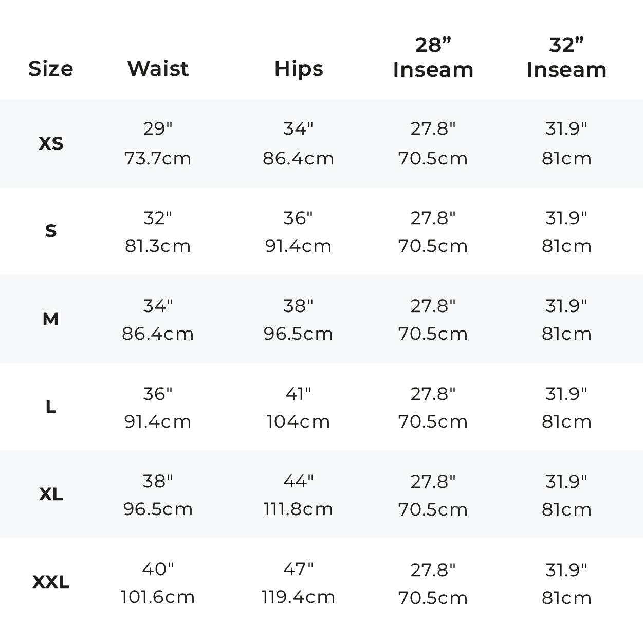 Size Chart - OMNIFLEX™ All Day Pants