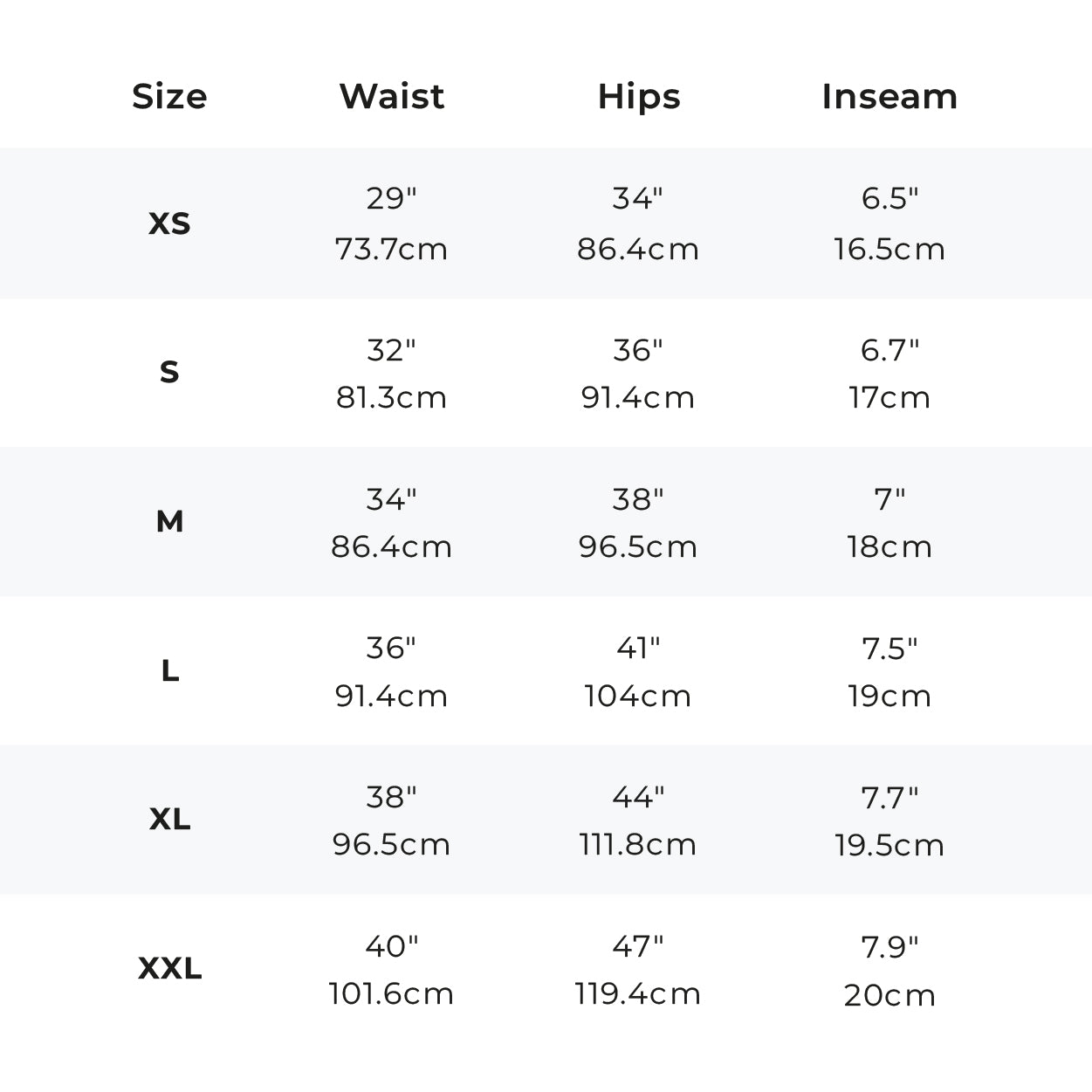 Size Chart - All Day Shorts