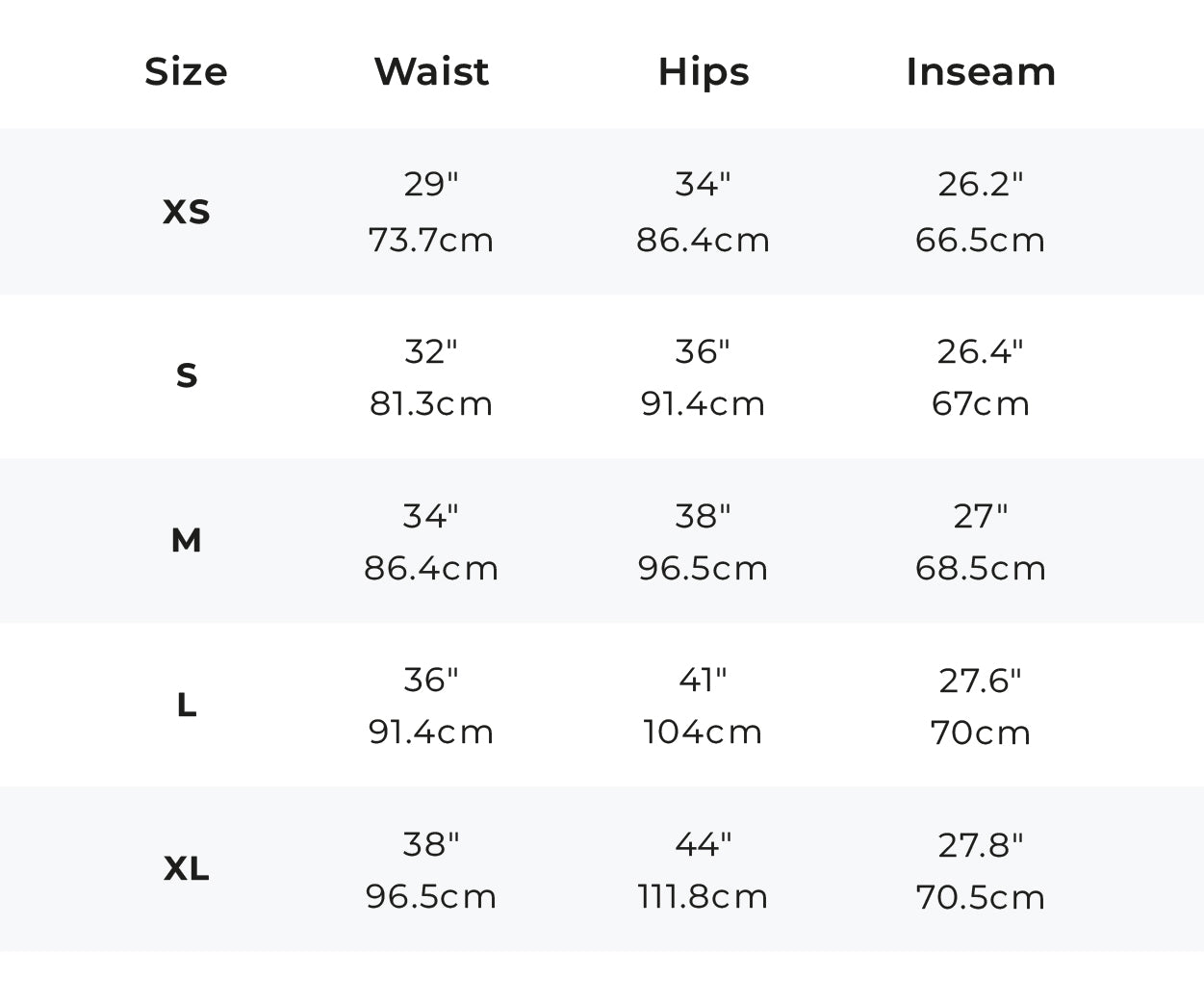Size Chart - Swift Running Tights Men