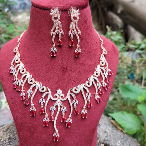 Priyanka Red Silver plated Cubic zirconia Diamond Necklace set | Gemzlane