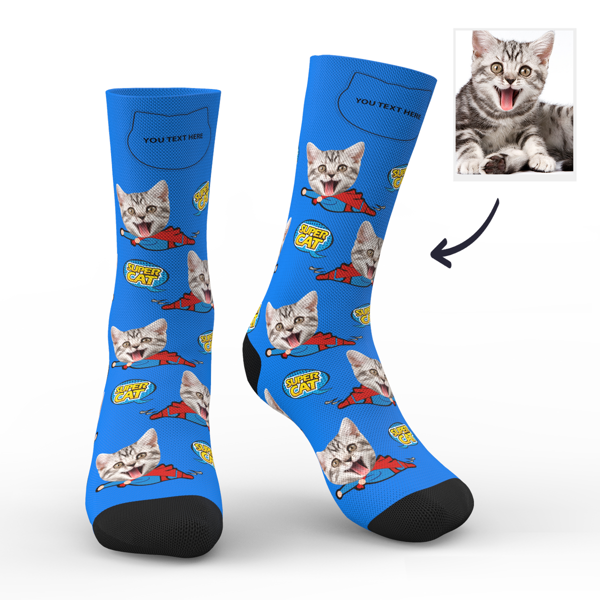Custom Face Socks Super Cat With Your Name - MyFaceSocksUK