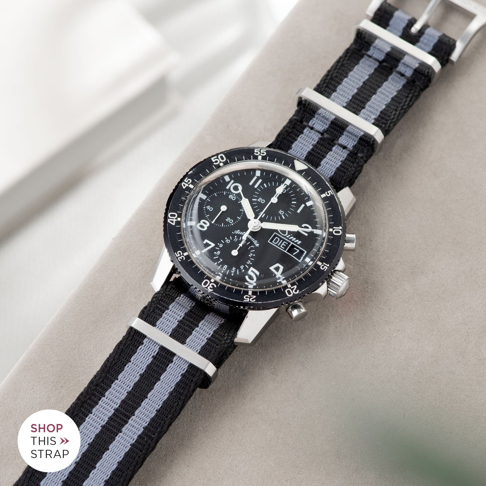 Bulang and Sons_Strap Guide_Sinn 103St Flieder Chronograph_Deluxe Nylon Nato Watch Strap Black Two Stripes Grey