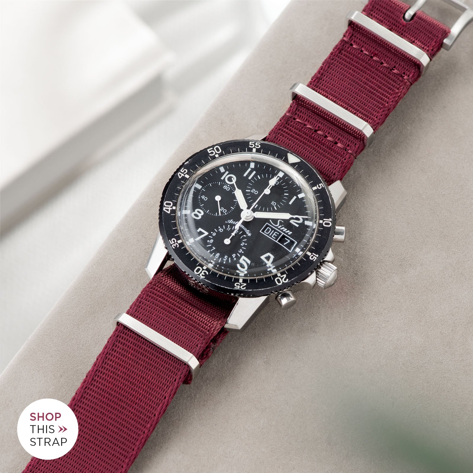 Bulang and Sons_Strap Guide_Sinn 103St Flieder Chronograph_Deluxe Nylon Nato Watch Strap Burgundy Red