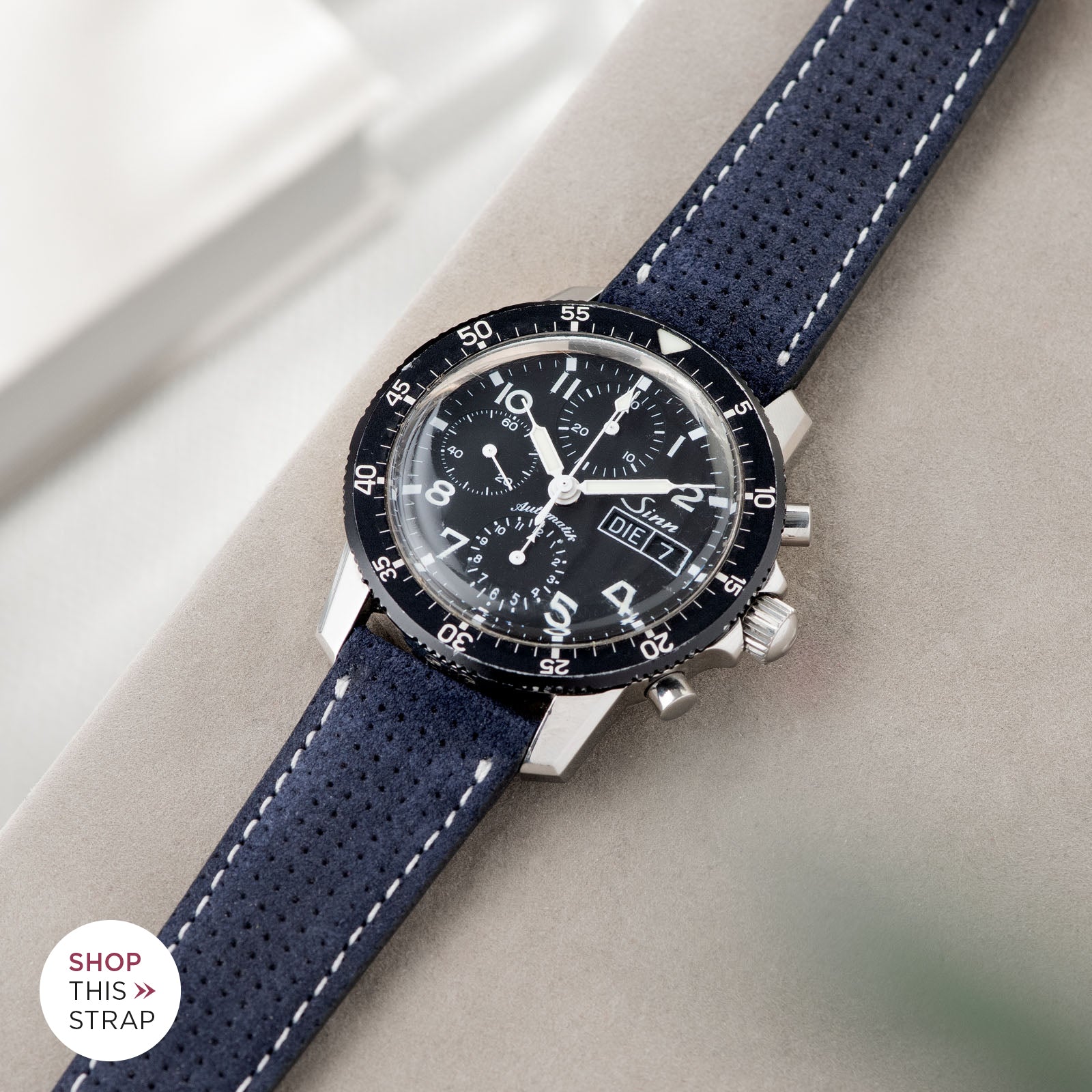 Bulang and Sons_Strap Guide_Sinn 103St Flieder Chronograph_Punched Blue Silky Suede Leather Watch Strap
