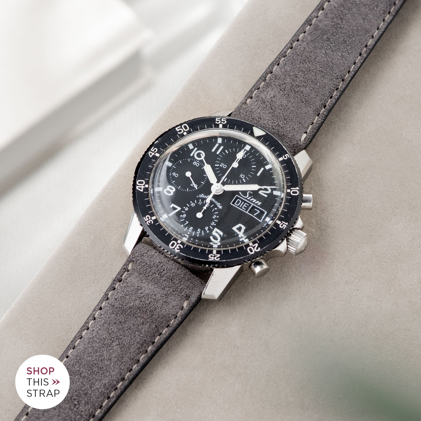 Bulang and Sons_Strap Guide_Sinn 103St Flieder Chronograph_Refined Dark Grey Suede Watch Strap