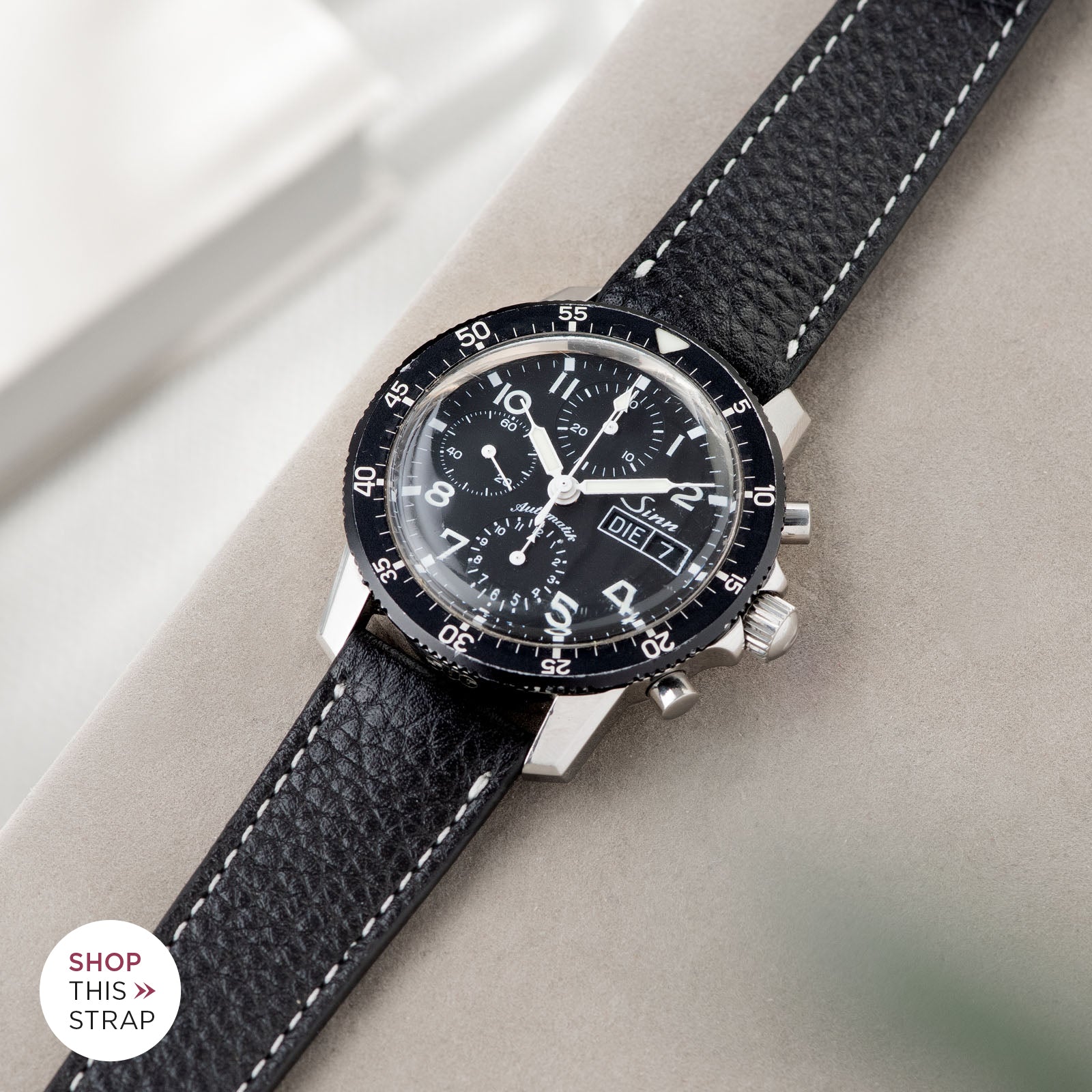 Bulang and Sons_Strap Guide_Sinn 103St Flieder Chronograph_Rich Black Creme Stitch Leather Watch Strap